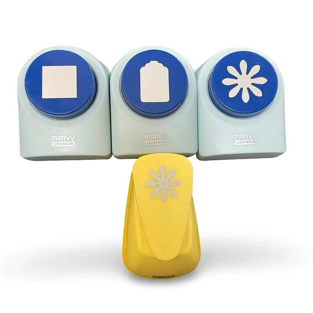 Marvy Uchida Paper Punch Bundle 4 Piece Set Square Flower Tag Shapes Blue Yellow